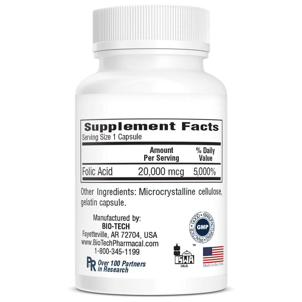 Bio-Tech Pharmacal Folic Acid 20mg, 100 Count | Folate Supplement