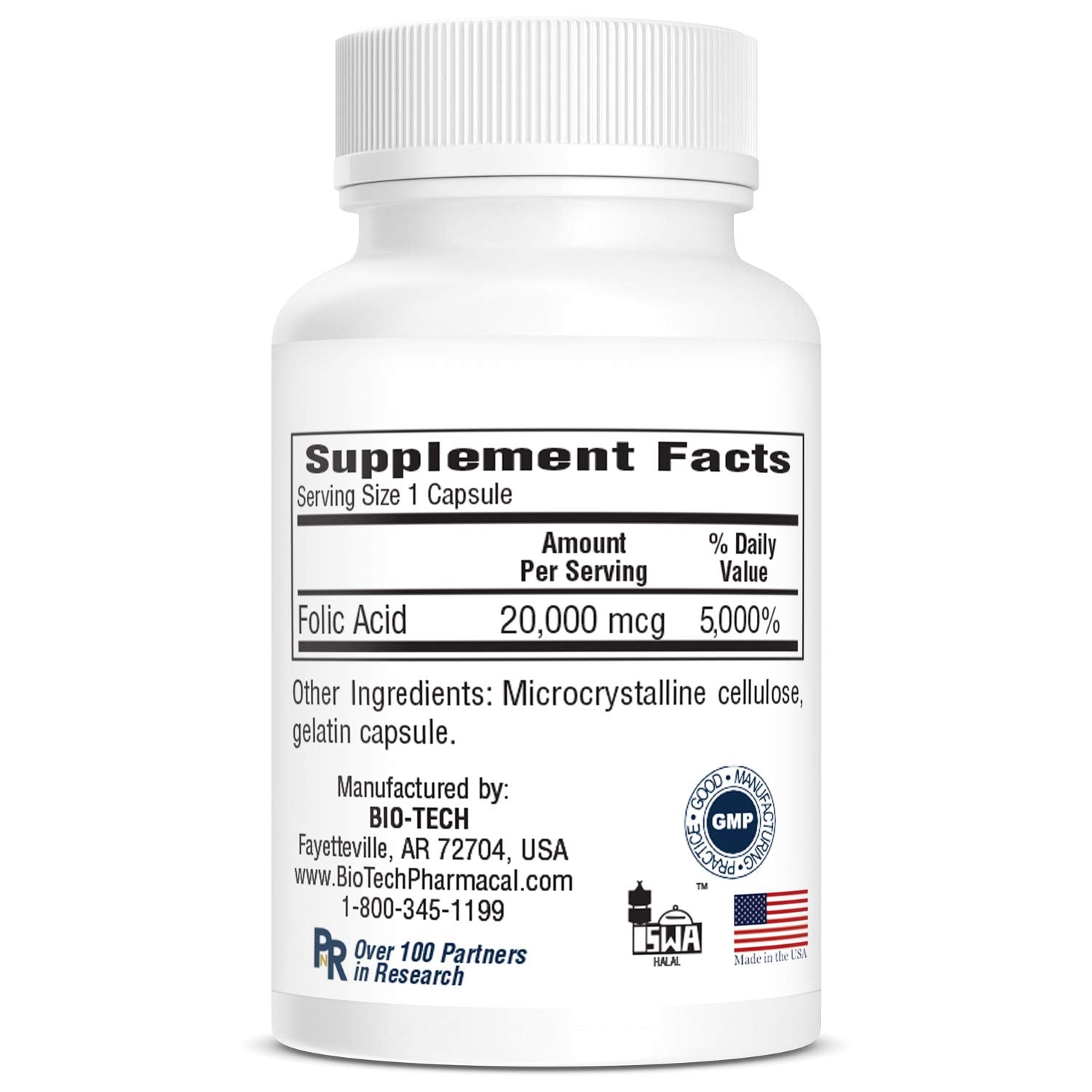 Bio-Tech Pharmacal Folic Acid 20mg, 100 Count | Folate Supplement