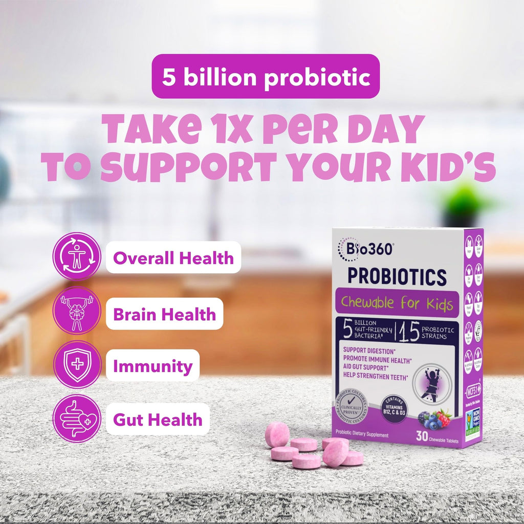Bio360 Probiotics for Kids – 15 Strains, 5B CFU, Mixed Berry (30 Chews)