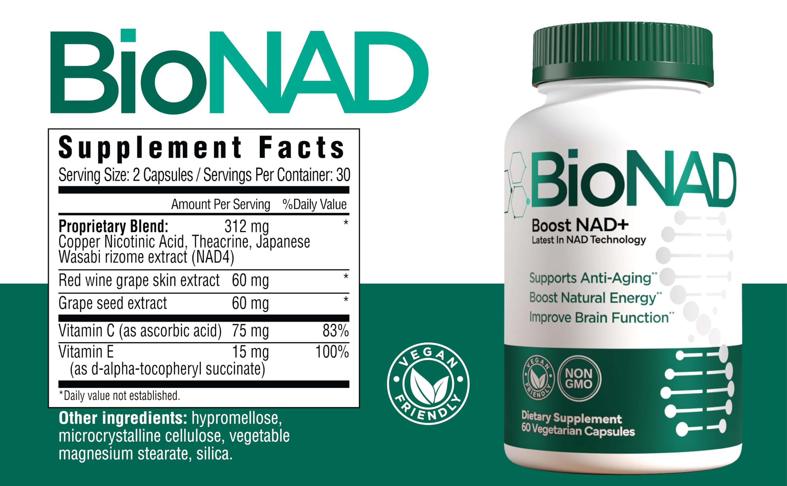 BioNAD NAD+ Natural Energy Booster - Boost NAD+, Supports Cardiovascular Health - Vegan/Non-GMO