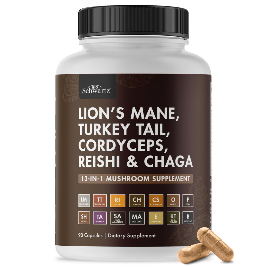 BioSchwartz 13-in-1 Mushroom Complex Capsules | Organic Lions Mane, Chaga, Reishi, Cordyceps | BioPerine - 90 Count
