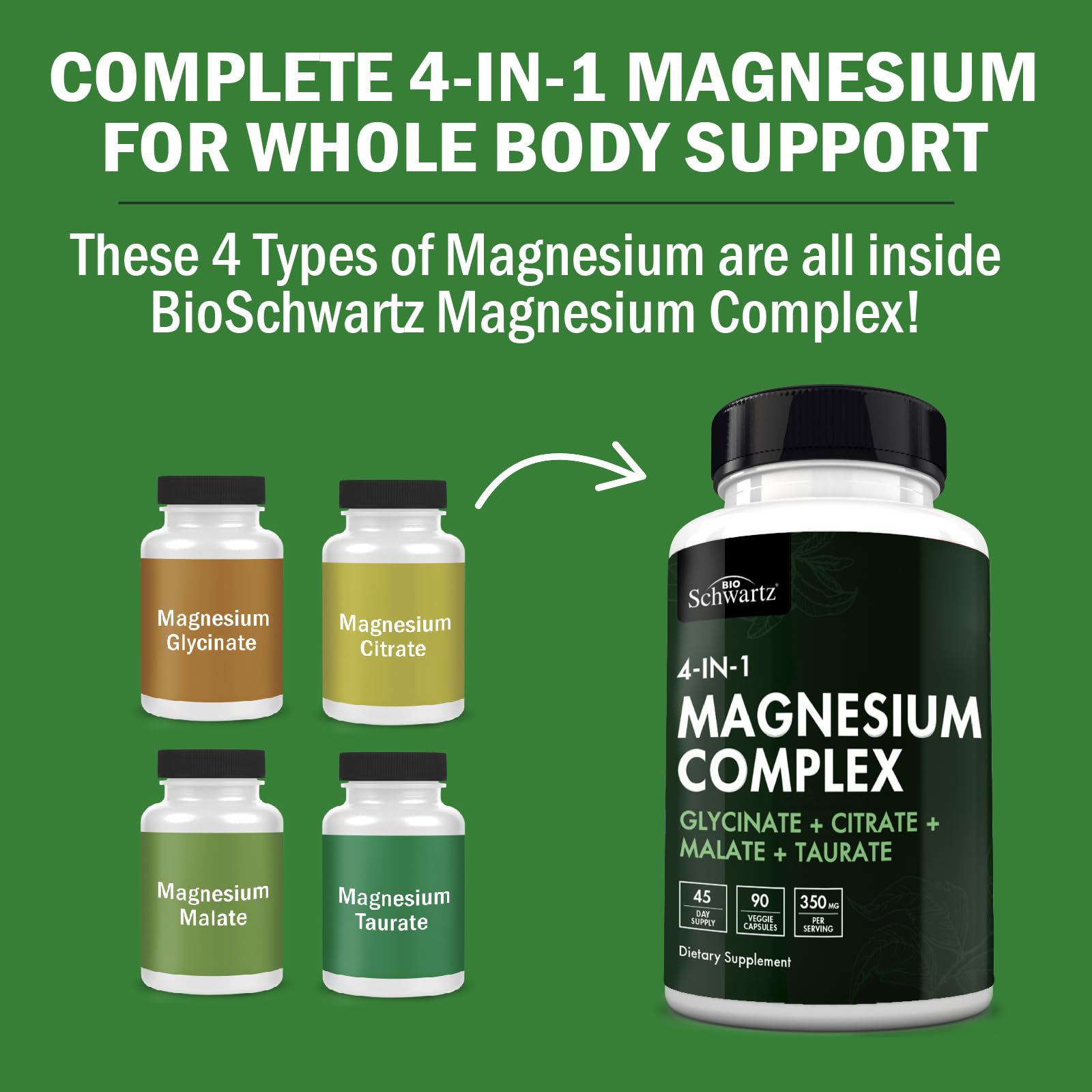 BioSchwartz Magnesium Complex Supplement – 350mg per Serving (90 Capsules) – Vegan, Gluten-Free, Non-GMO