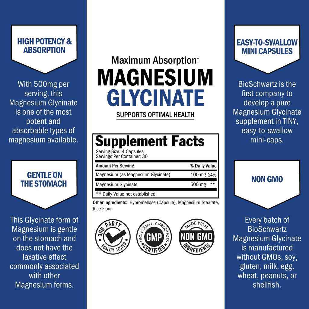 BioSchwartz Magnesium Glycinate 500mg (120 Mini Caps) – Sleep Nerves Muscles Support