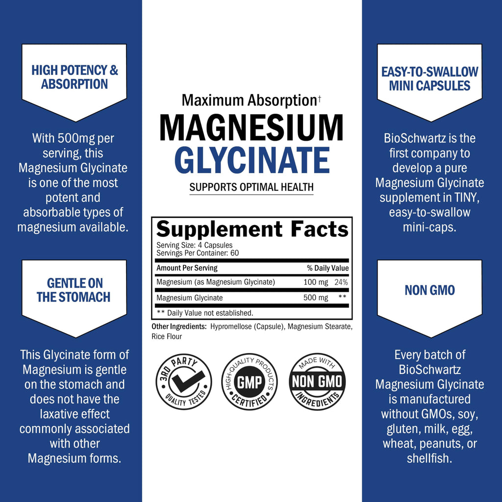 BioSchwartz Magnesium Glycinate 500mg - 240 Mini Capsules (Vegan, Gluten-Free, Non-GMO)