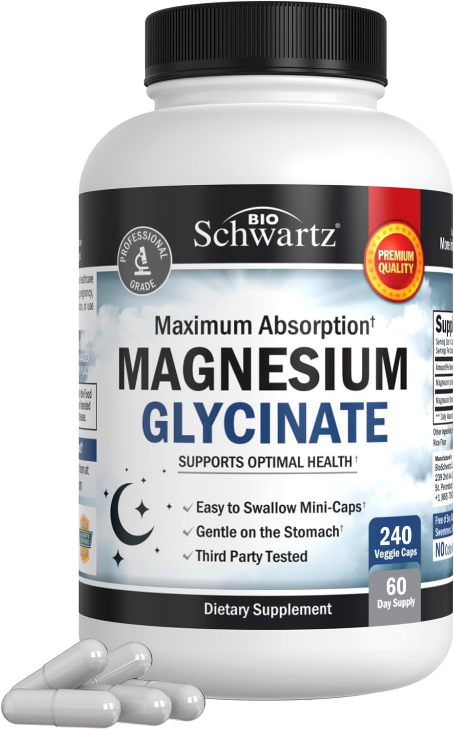 BioSchwartz Magnesium Glycinate 500mg - 240 Mini Capsules (Vegan, Gluten-Free, Non-GMO)