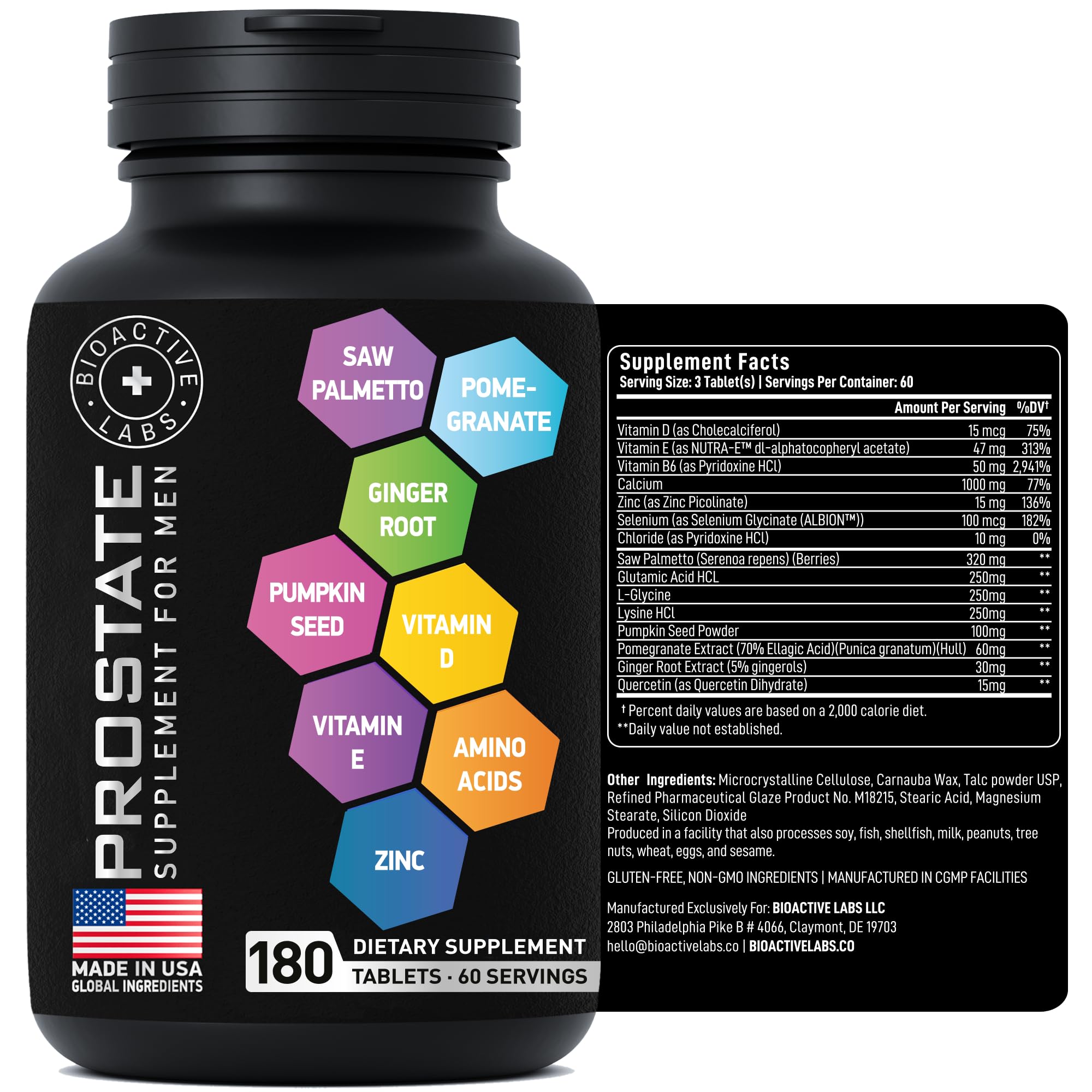 BIOACTIVE LABS Prostate Health Supplements — Saw Palmetto 320 mg, Pumpkin Seed Extract, 180 Tablets, 60 Serves