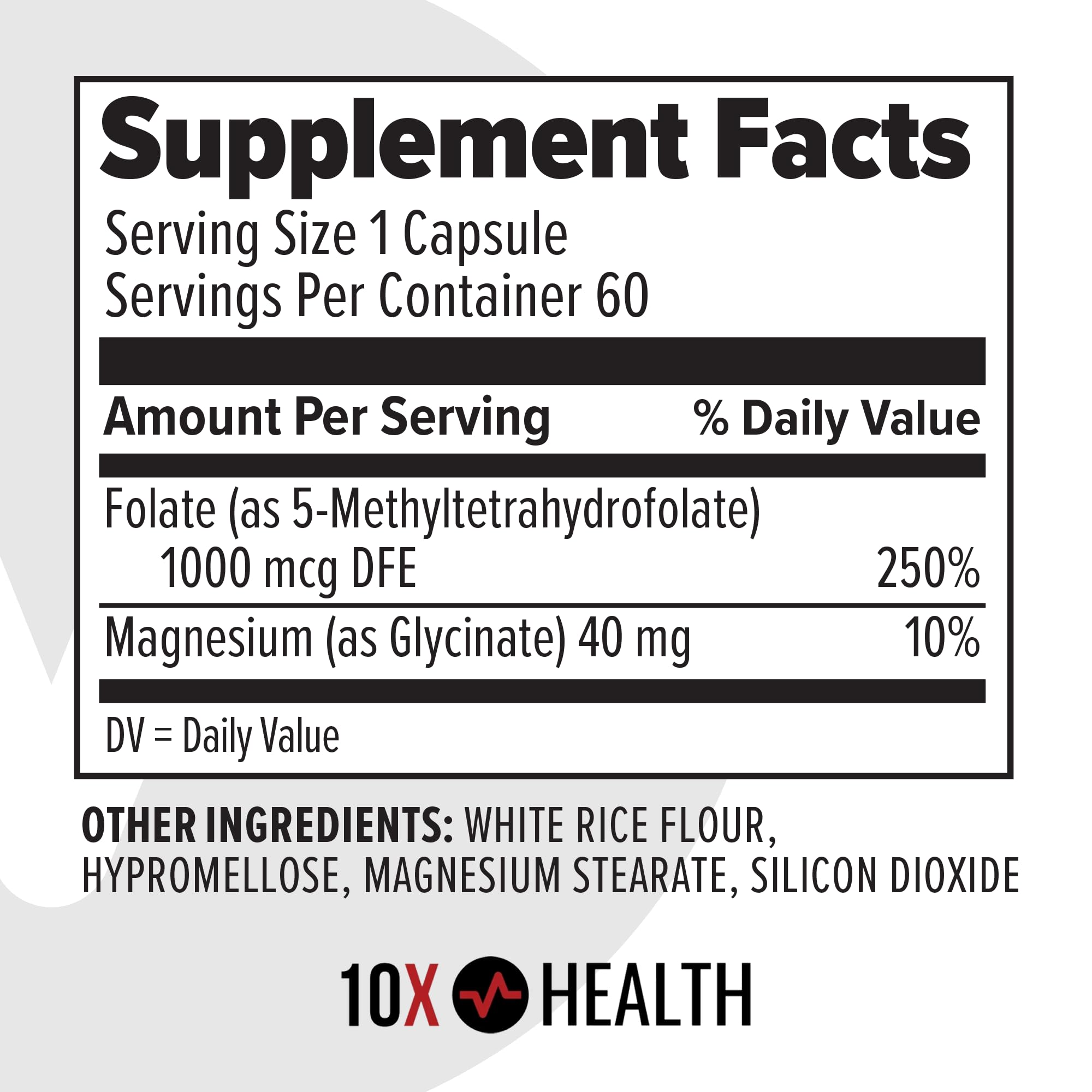 10X Health 5-MTHF Methylfolate with Magnesium | 60 Capsules
