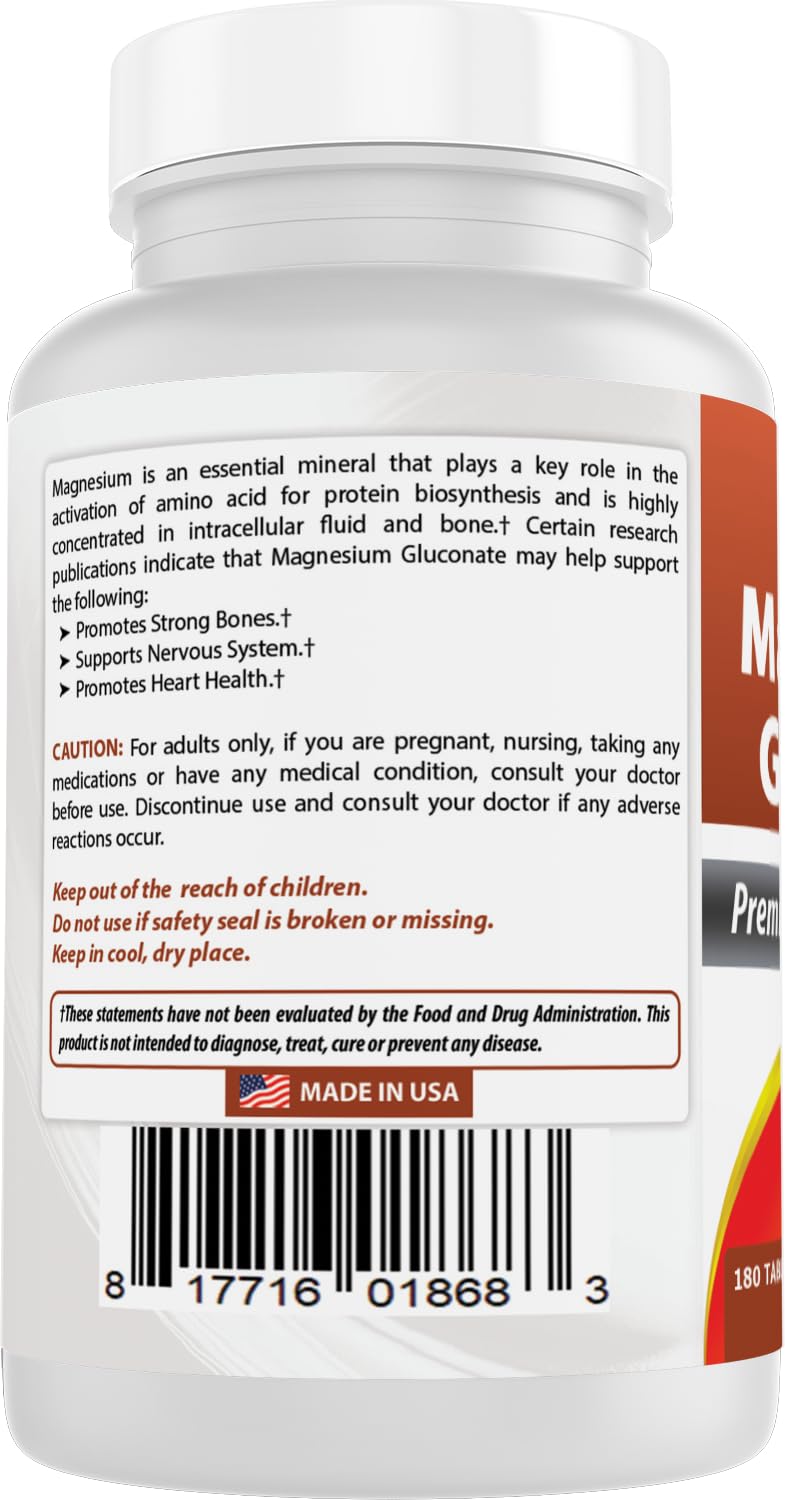 Best Naturals Magnesium Gluconate - 35 mg Mg from 600 mg Gluconate - 180 Tablets (Pack of 2)