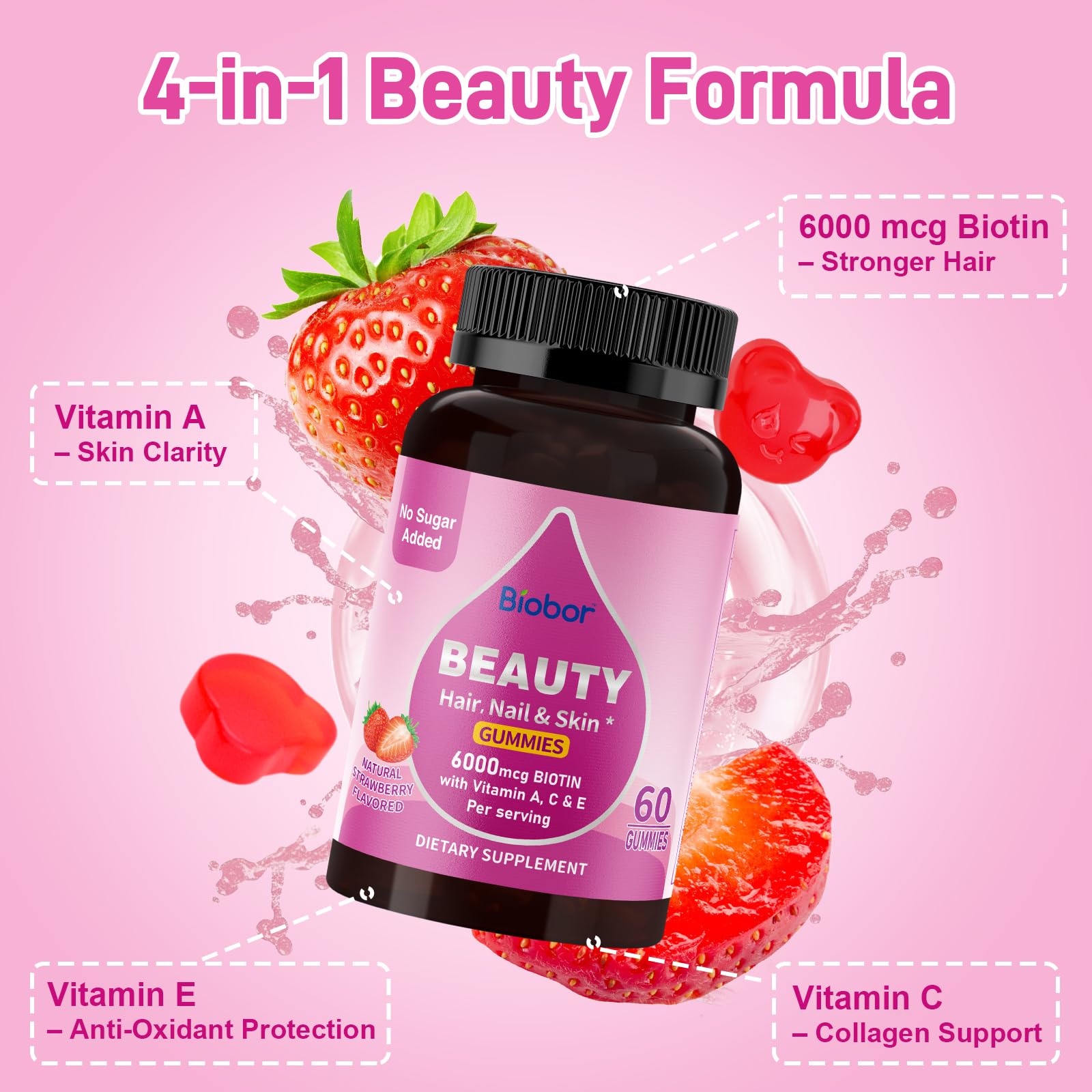 Biobor Beauty Gummies No Sugar Added – Biotin 6000mcg for Hair, Skin & Nails
