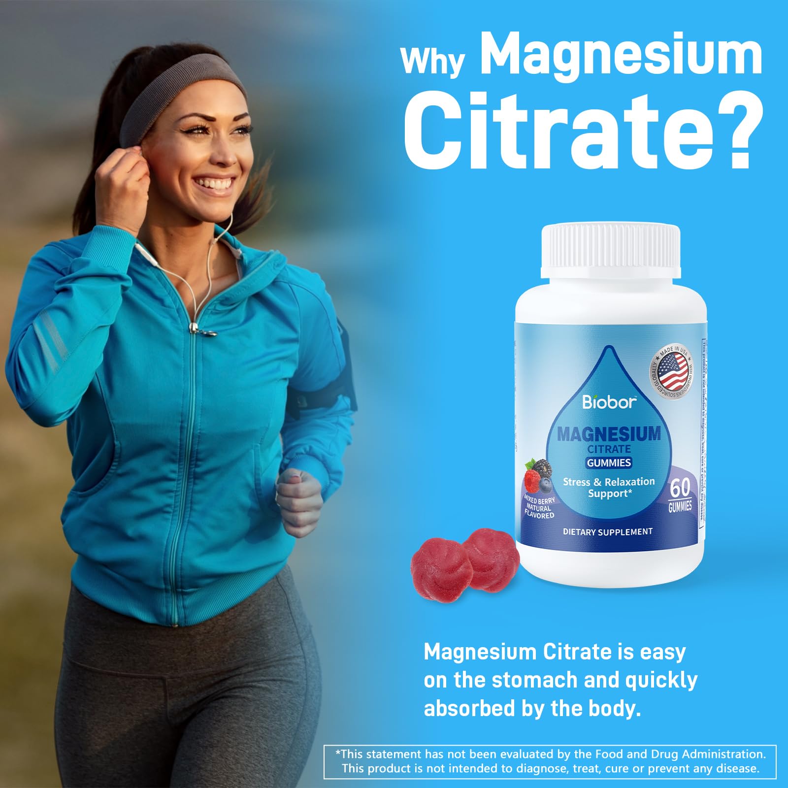 Biobor Magnesium Citrate Gummies 200mg – For Leg Cramps, Stress & Muscle Health (Gluten Free, Vegetarian)