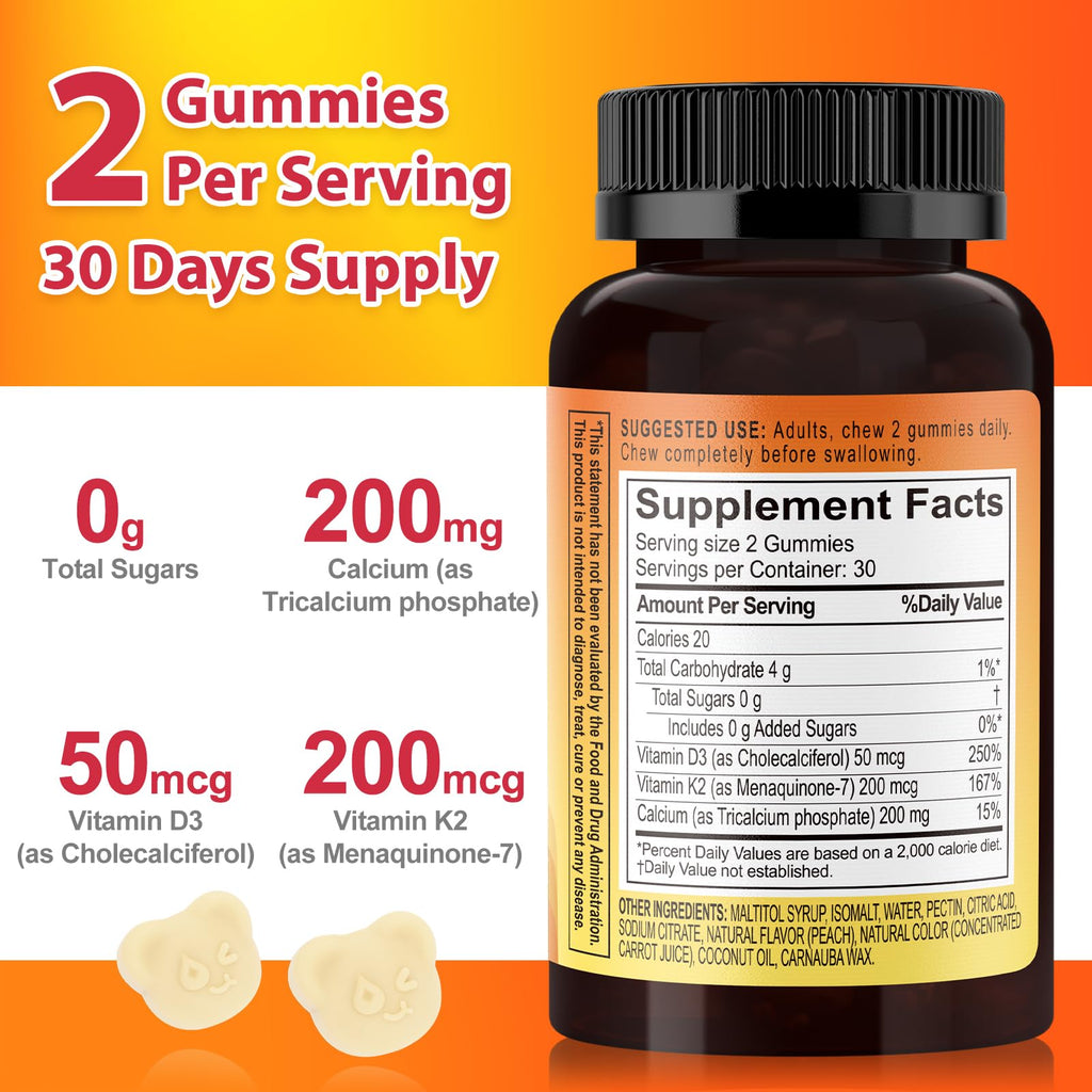 Biobor Vitamin D3 K2 Gummies with Calcium - Sugar Free, Gluten Free, 60 Count