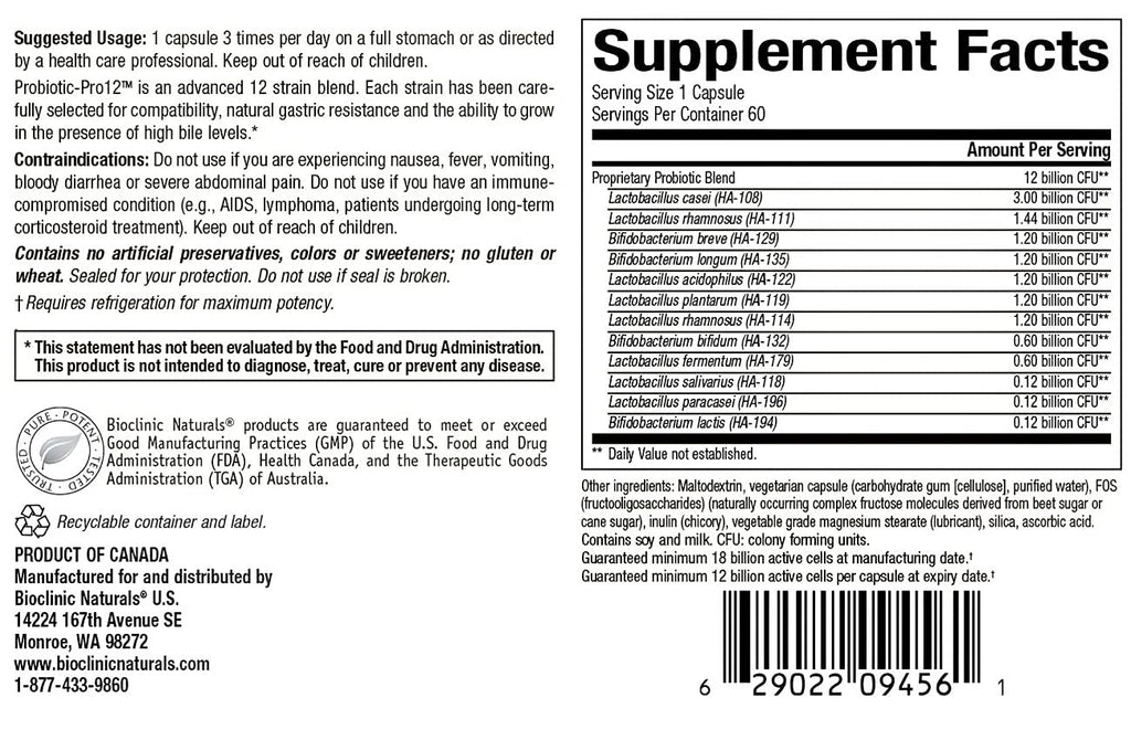 Bioclinic Naturals Probiotic-Pro 12 - 60 vcaps | 12 Billion CFU, 12 Strains
