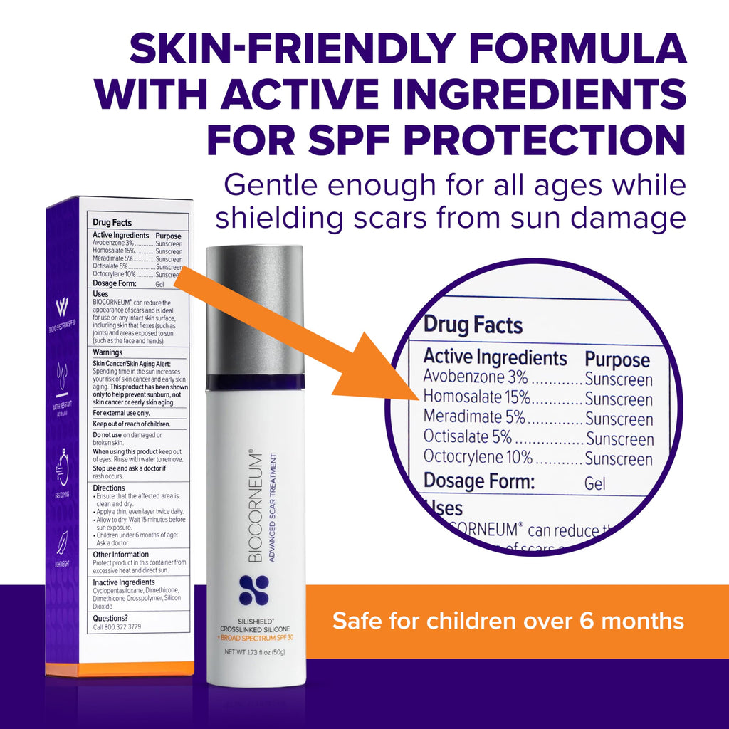 Biocorneum Advanced Scar Treatment with Silishield and SPF 30 (50g) – Silicone Scar Gel for Surgical & Old Scars