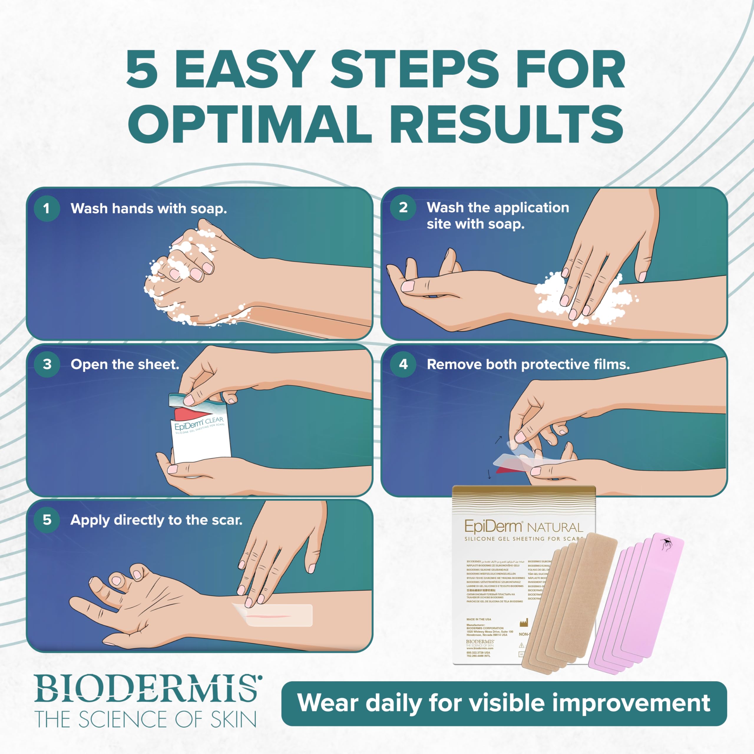 Biodermis EpiDerm Silicone Gel Scar Sheets - Premium 5-Pack, 1.4x6in, Natural