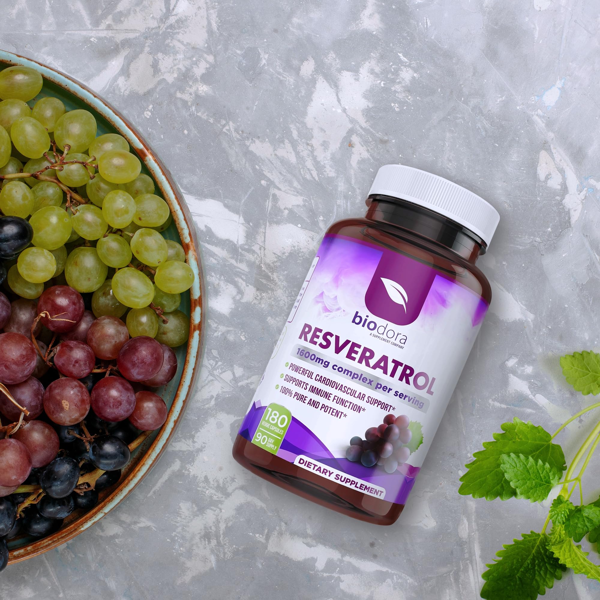 Biodora Resveratrol 1600mg – Trans-Resveratrol Antioxidant with Green Tea, Grape Seed & Quercetin | 180 Capsules