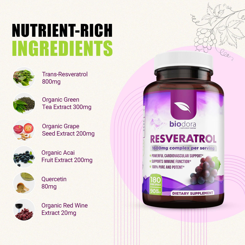 Biodora Resveratrol 1600mg – Trans-Resveratrol Antioxidant with Green Tea, Grape Seed & Quercetin | 180 Capsules