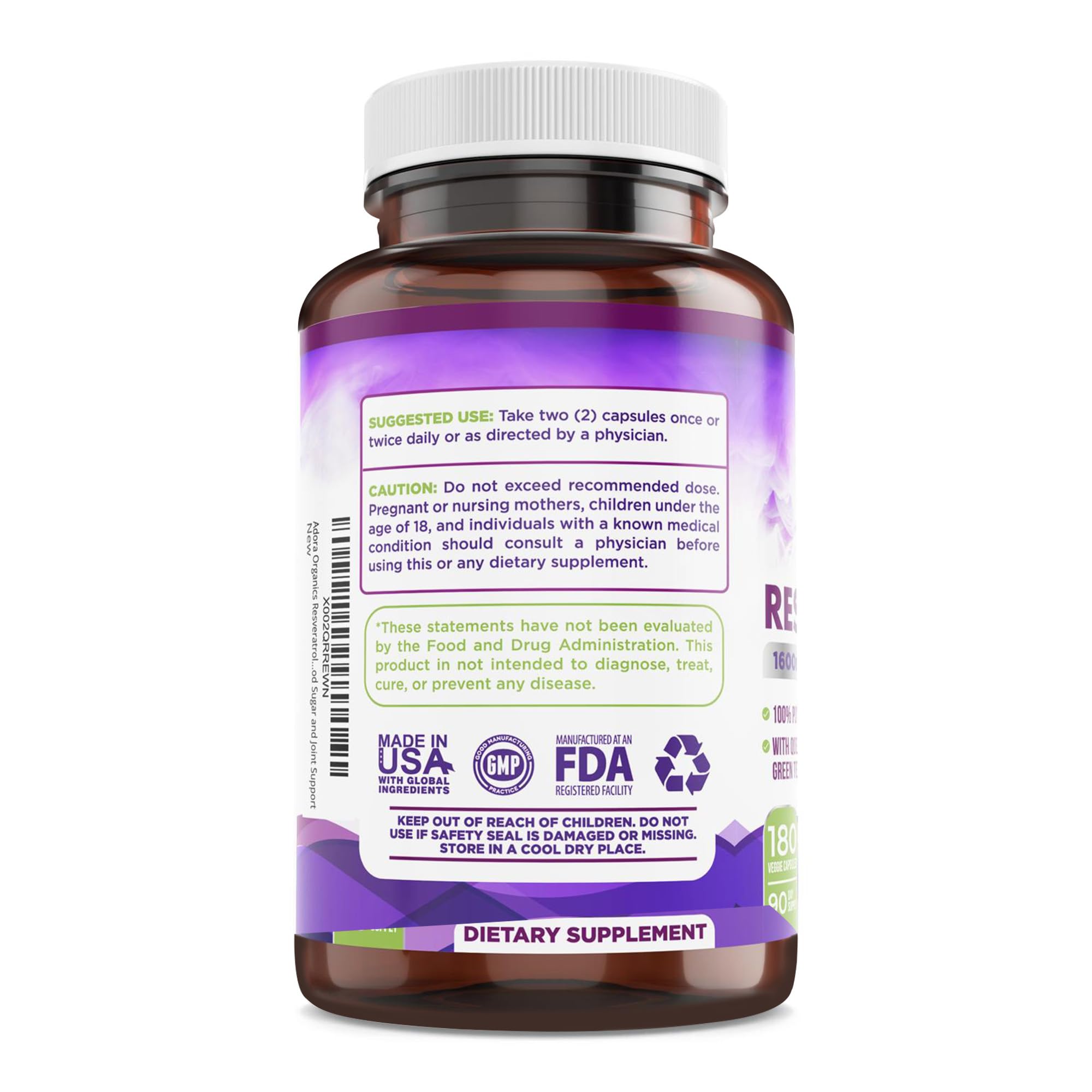 Biodora Resveratrol 1600mg – Trans-Resveratrol Antioxidant with Green Tea, Grape Seed & Quercetin | 180 Capsules