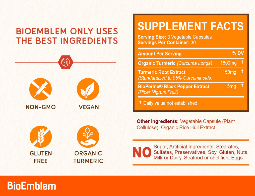 BioEmblem Turmeric Curcumin with BioPerine | Joint & Heart Health | California Made