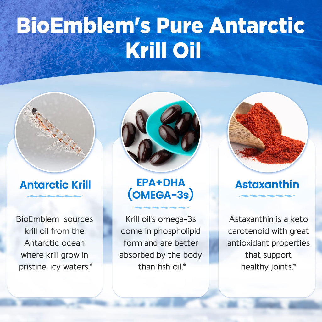 BioEmblem 3 Pack Antarctic Krill Oil 1000mg Softgels – Omega-3 EPA/DHA, Astaxanthin, Phospholipids, Non-GMO, Gluten Free, 180-Count