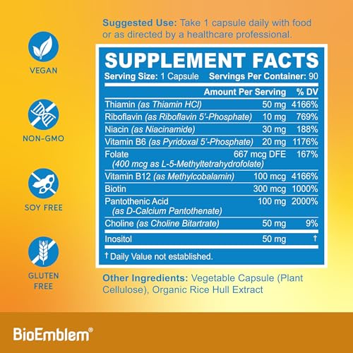 BioEmblem Vitamin B-Complex – All 8 Active Forms | Methylfolate, Methyl B12, B6, Biotin + Choline & Inositol | 90 Capsules