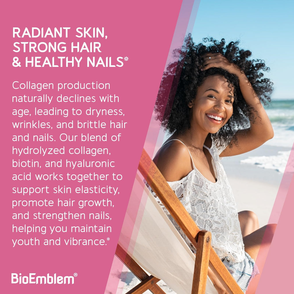 BioEmblem Beauty Collagen – 11G Hydrolyzed Multi-Collagen Peptides, Hyaluronic Acid, Vitamin C & Biotin – 30 Servings