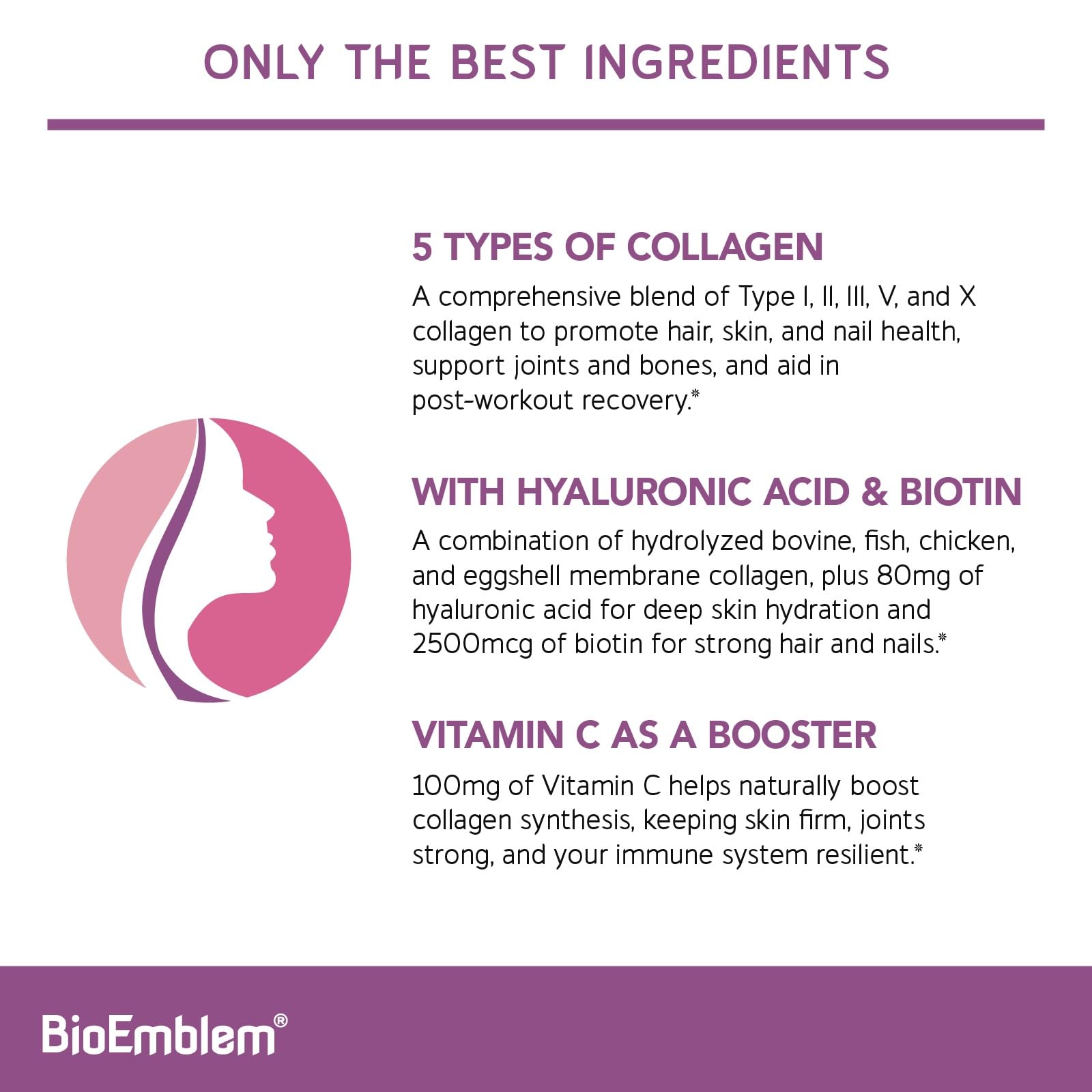 BioEmblem Beauty Collagen – 11G Hydrolyzed Multi-Collagen Peptides, Hyaluronic Acid, Vitamin C & Biotin – 30 Servings