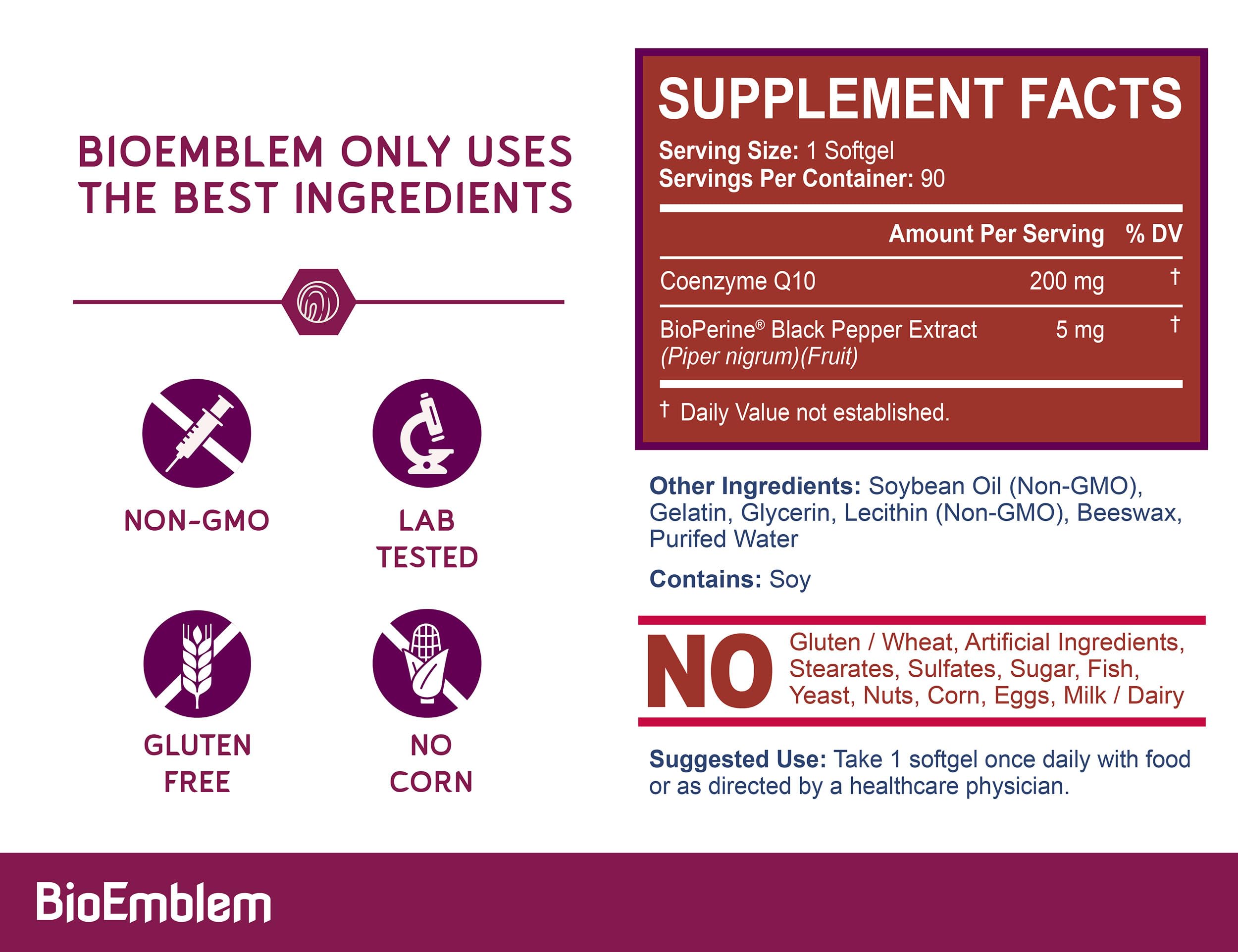 BioEmblem CoQ10 with BioPerine 200mg Softgels – High Absorption CoQ10 for Energy & Heart Health | Non-GMO, Made in USA (90 Count)