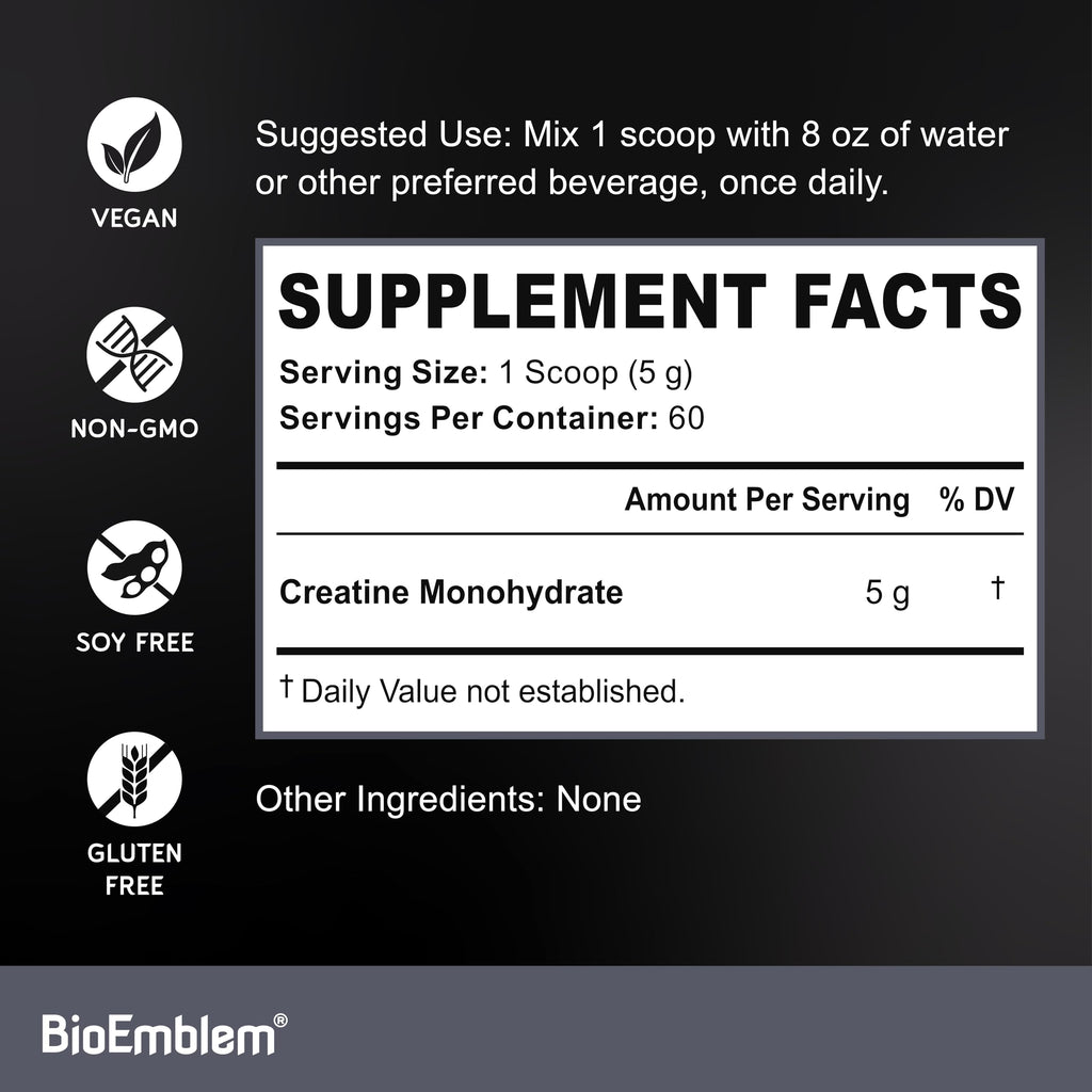 BioEmblem Creatine Monohydrate Powder – 5000mg per Serving, Micronized & Unflavored (60 Servings)