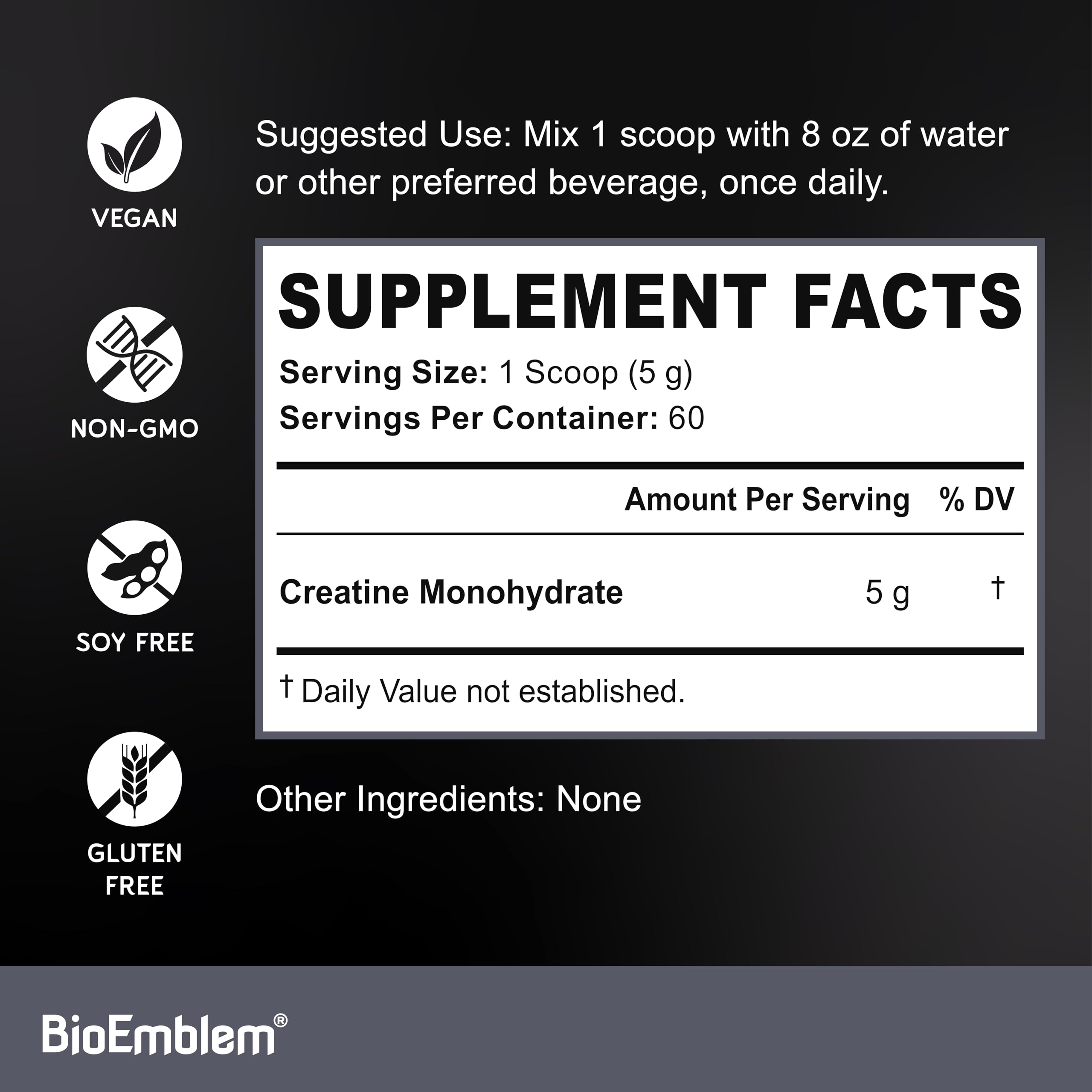 BioEmblem Creatine Monohydrate Powder – 5000mg per Serving, Micronized & Unflavored (60 Servings)