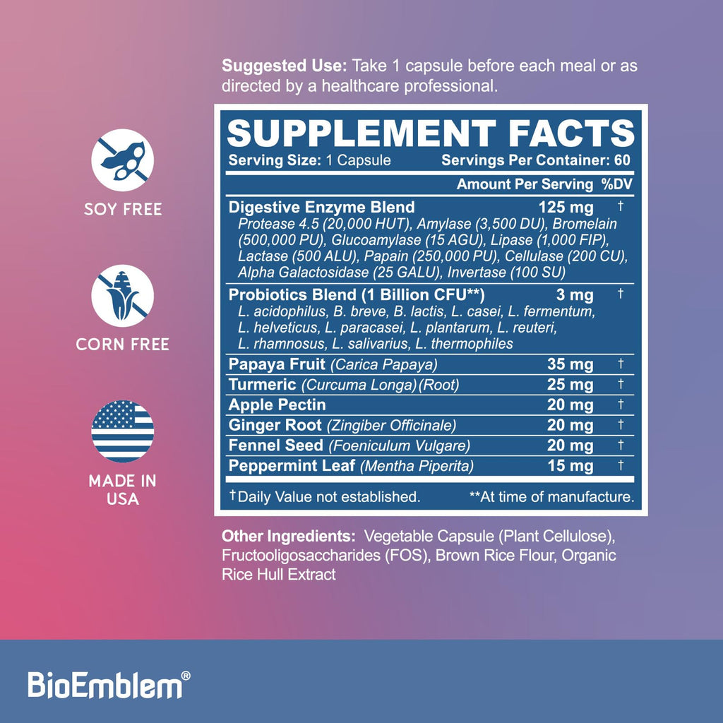 BioEmblem Digestive Enzymes with Probiotics – 10 Enzymes, 1B CFU, 60 Veggie Capsules | Non-GMO