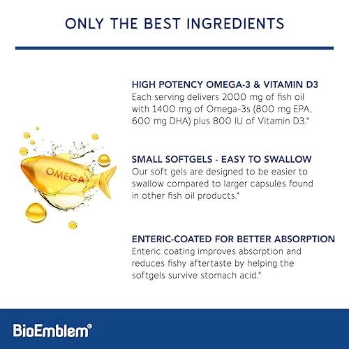 BioEmblem Omega-3 Fish Oil 2000mg – Small Softgels, High Absorption, 120 Ct