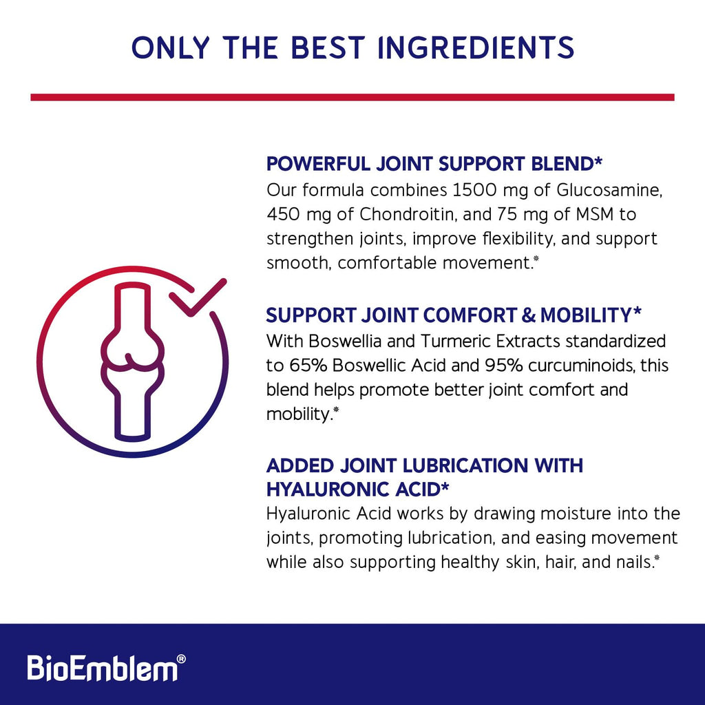 BioEmblem Joint Support - Glucosamine Chondroitin + MSM 1500 MG | Boswellia, Turmeric & Hyaluronic Acid - Non-GMO 90 Caps