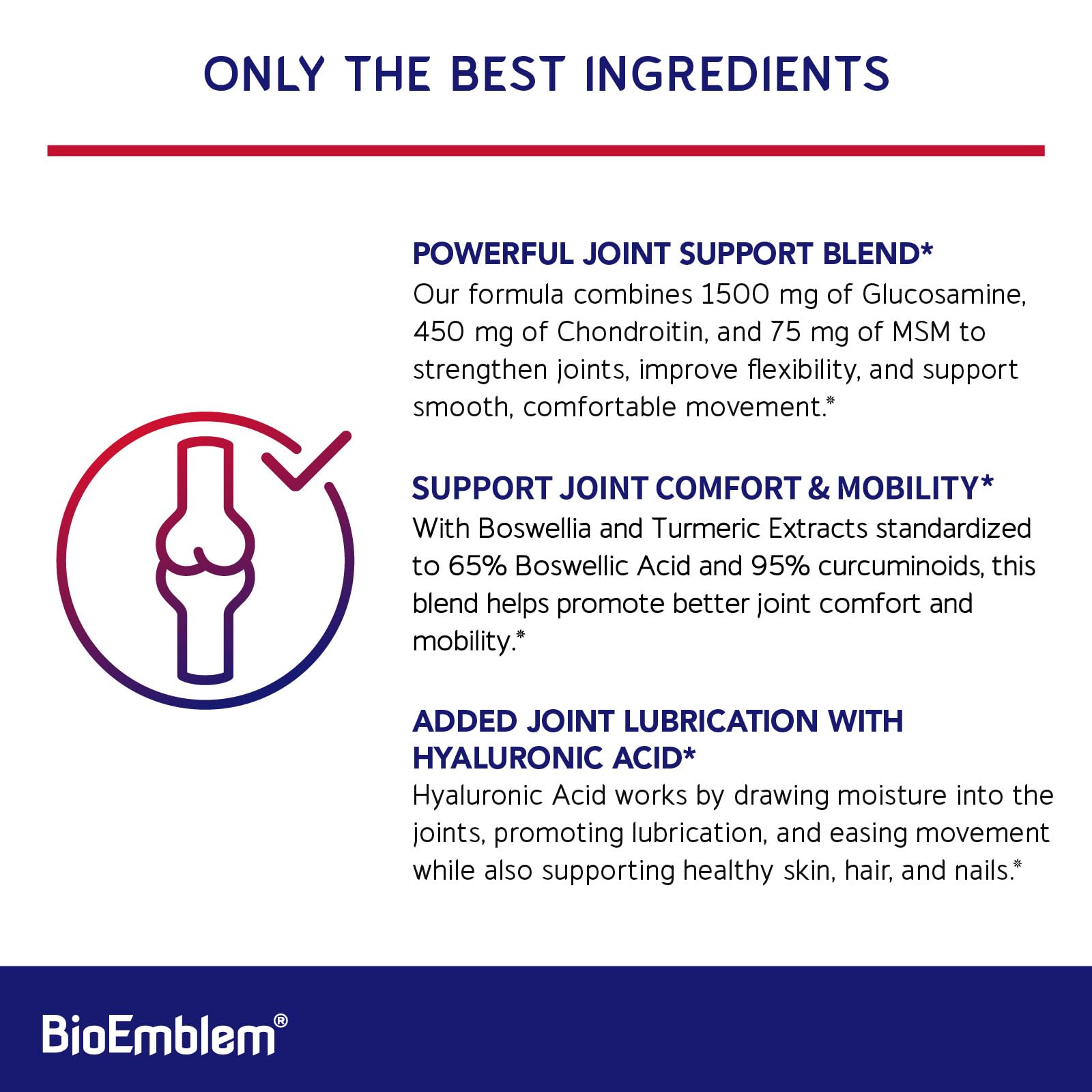 BioEmblem Joint Support - Glucosamine Chondroitin + MSM 1500 MG | Boswellia, Turmeric & Hyaluronic Acid - Non-GMO 90 Caps