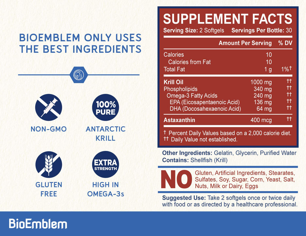 BioEmblem Antarctic Krill Oil 1000mg | Omega-3 EPA DHA • 60 Softgels • Non-GMO