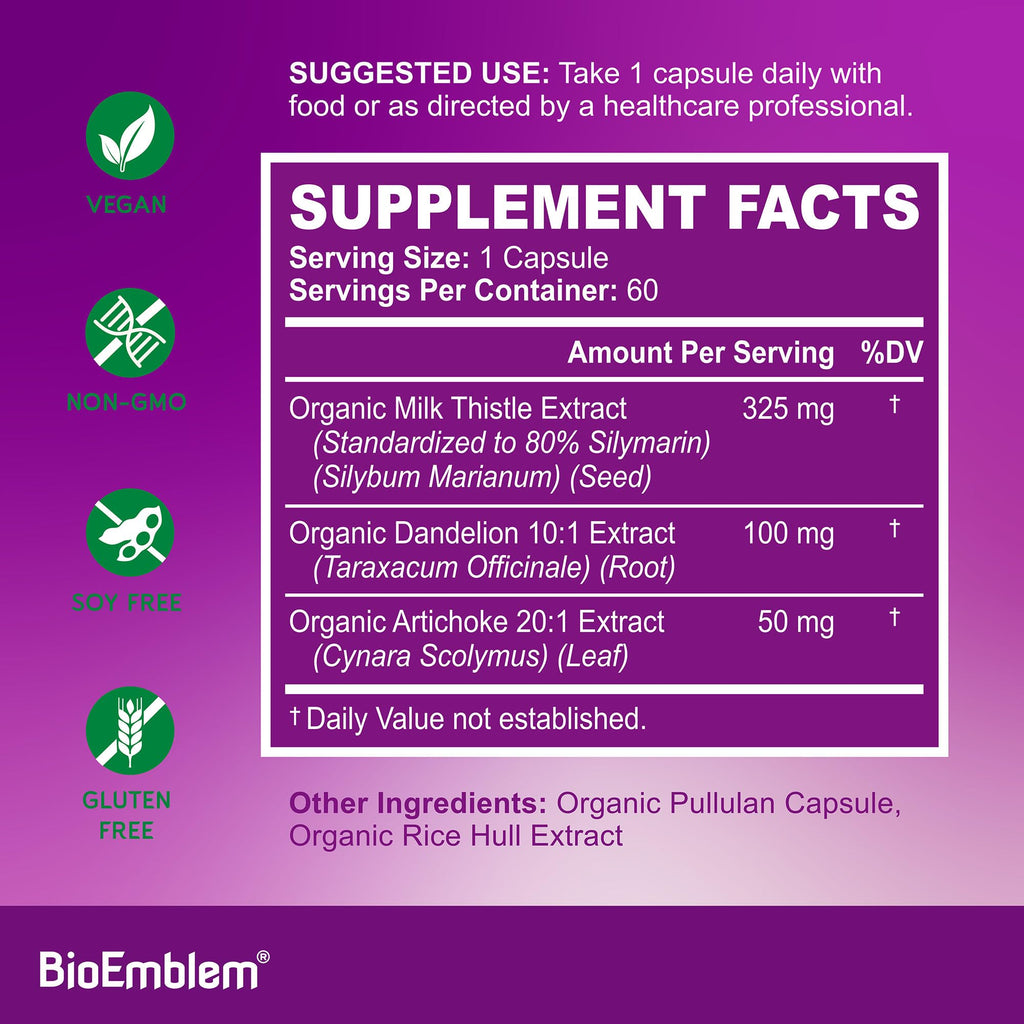 BioEmblem USDA Organic Liver Cleanse – 80% Silymarin Milk Thistle, 60 Caps