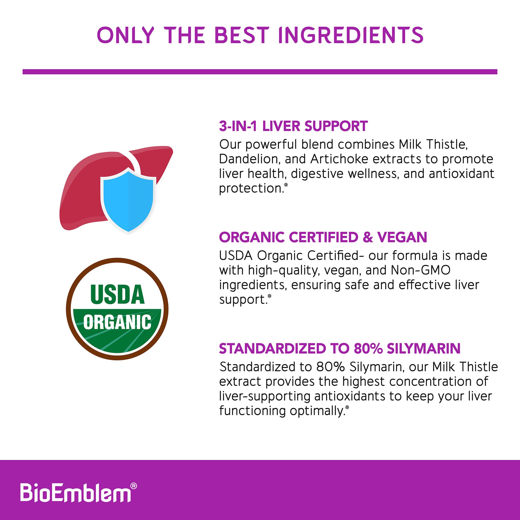 BioEmblem USDA Organic Liver Cleanse – 80% Silymarin Milk Thistle, 60 Caps