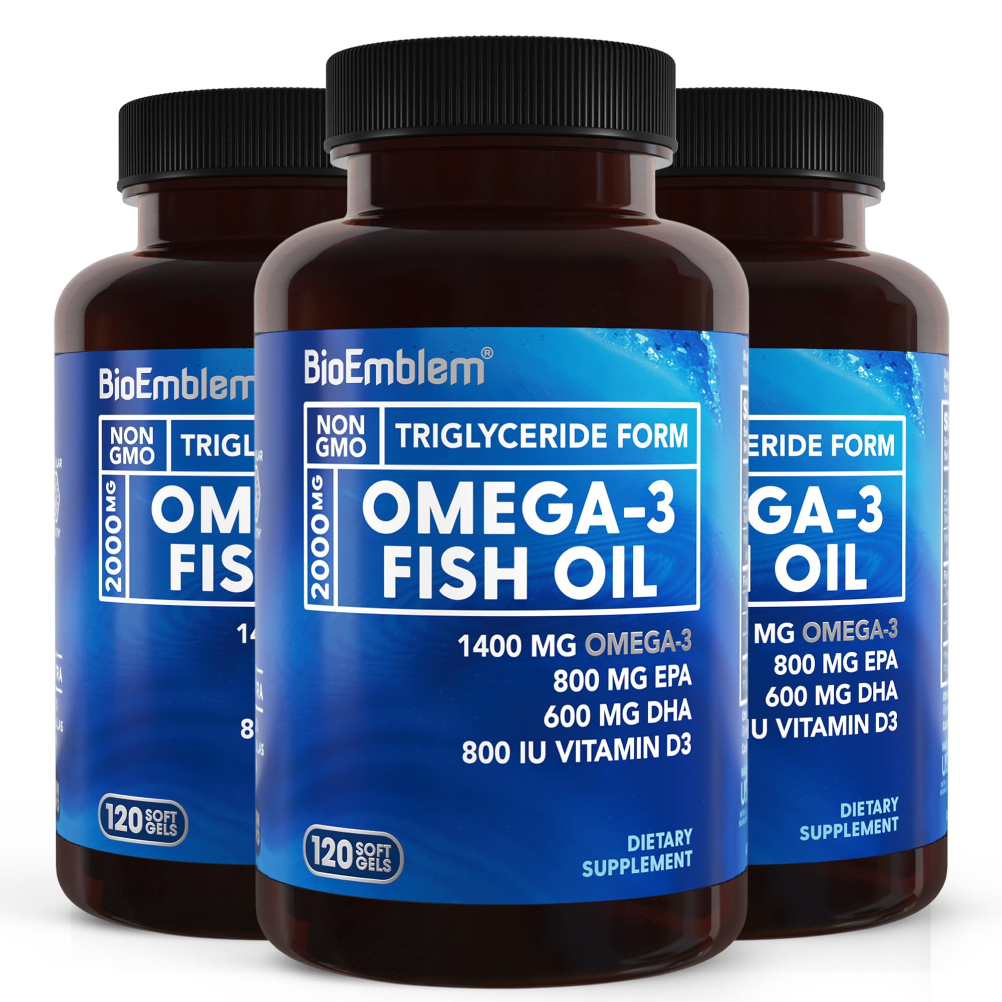 BioEmblem Omega-3 Fish Oil 2000mg | 360 Softgels | Vitamin D3 | Non-GMO