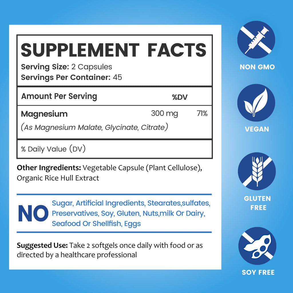 BioEmblem Triple Magnesium Complex 300mg | Glycinate, Malate & Citrate | Vegan 180 Capsules