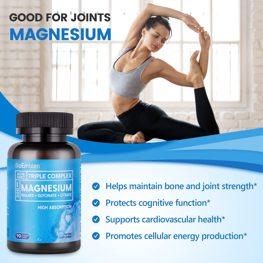 BioEmblem High Absorption Triple Magnesium Complex 300mg | Magnesium Glycinate, Malate & Citrate | Vegan, Non-GMO 270 Capsules