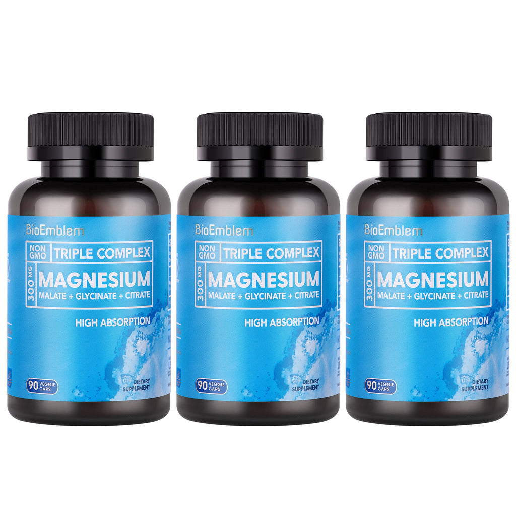 BioEmblem High Absorption Triple Magnesium Complex 300mg | Magnesium Glycinate, Malate & Citrate | Vegan, Non-GMO 270 Capsules