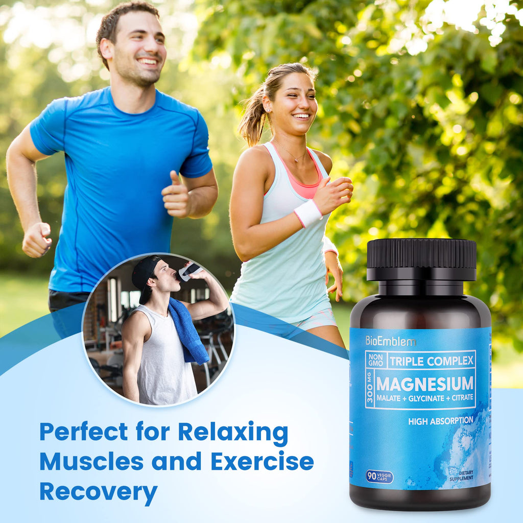 BioEmblem High Absorption Triple Magnesium Complex 300mg | Magnesium Glycinate, Malate & Citrate | Vegan, Non-GMO 270 Capsules