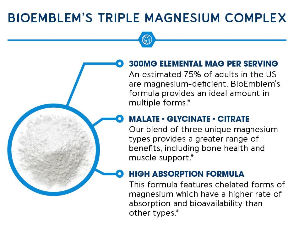 BioEmblem High Absorption Triple Magnesium Complex 300mg | Magnesium Glycinate, Malate & Citrate | Vegan, Non-GMO 270 Capsules