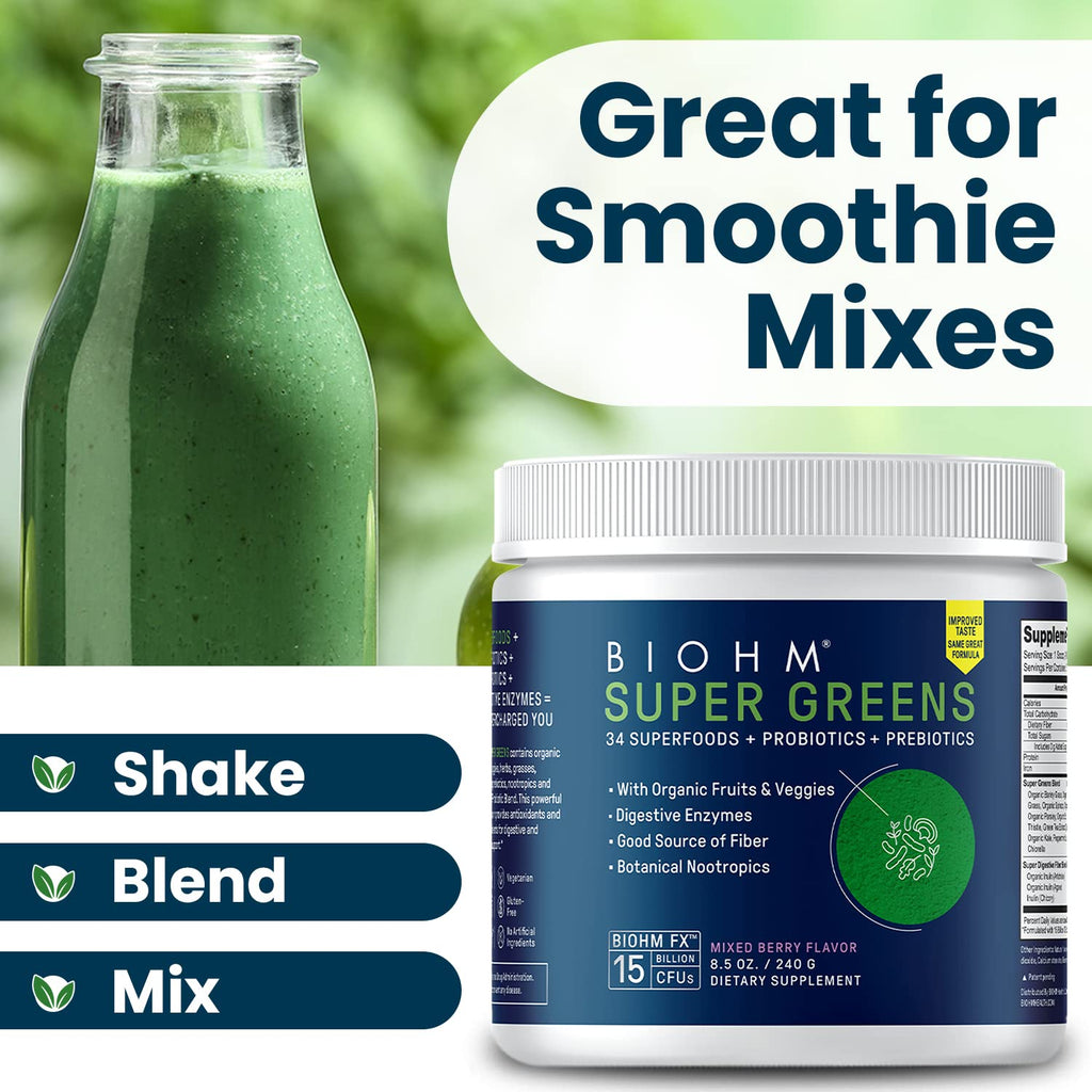 BIOHM Super Greens – 34-Ingredient Green Superfood Powder with Probiotics & Digestive Enzymes (Mixed Berry)