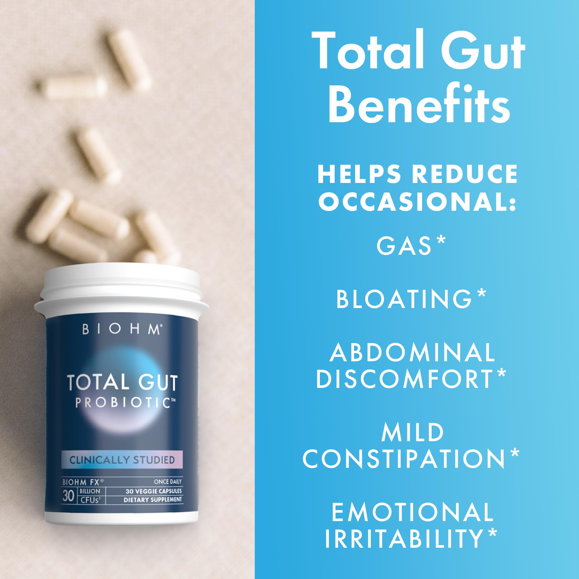 BIOHM Total Probiotic - 30 Billion CFU Daily Probiotics for Women & Men (30 Count) | Supports Digestion & Total Gut Health | Non-GMO, Vegan