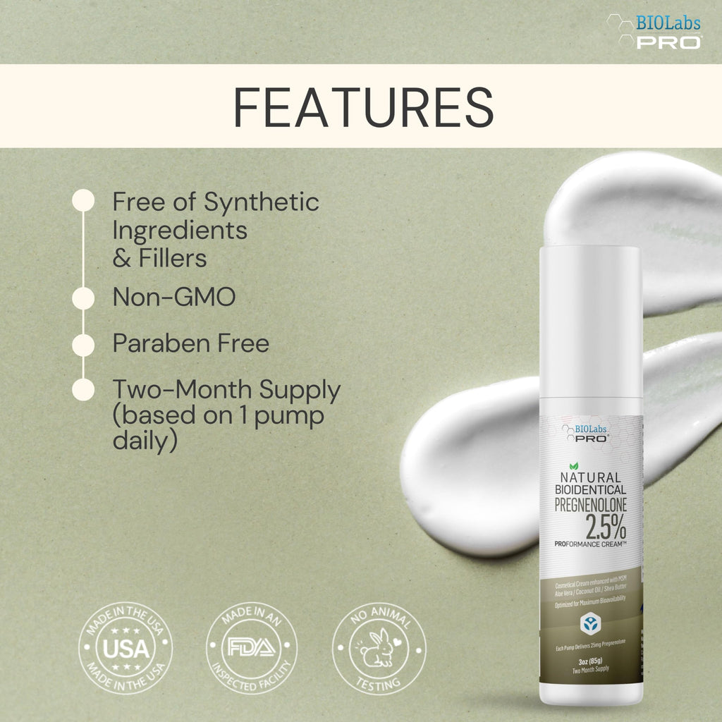 BIOLABS PRO Pregnenolone Cream 2.5% – All-Natural Bioidentical, 3oz Unscented, Two-Month Supply