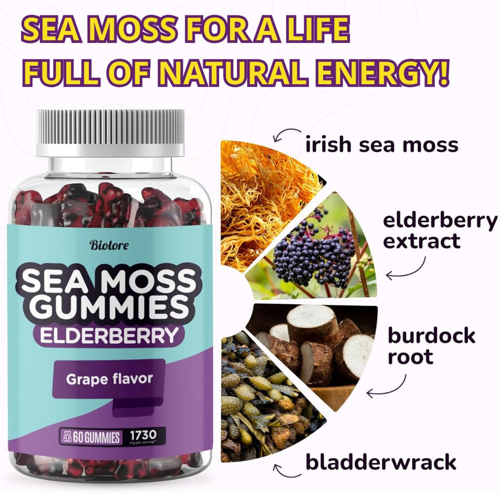 Biolore Sea Moss Gummies with Elderberry - Vegan Gummies for All Ages (60pcs)