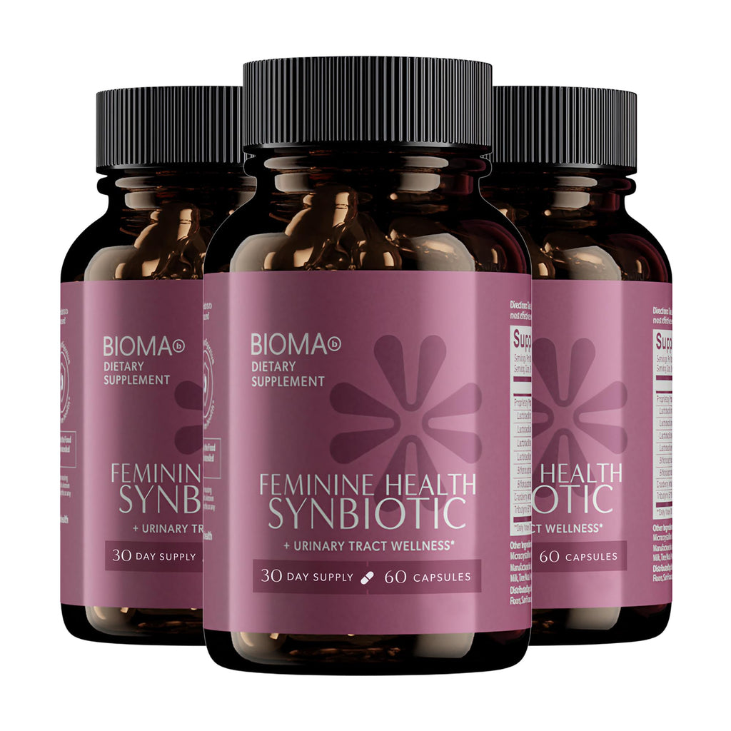 BIOMA Feminine Health Synbiotic – Probiotic Support for Vaginal pH, Urinary & Digestive Wellness (3-Pack, 180 Capsules)