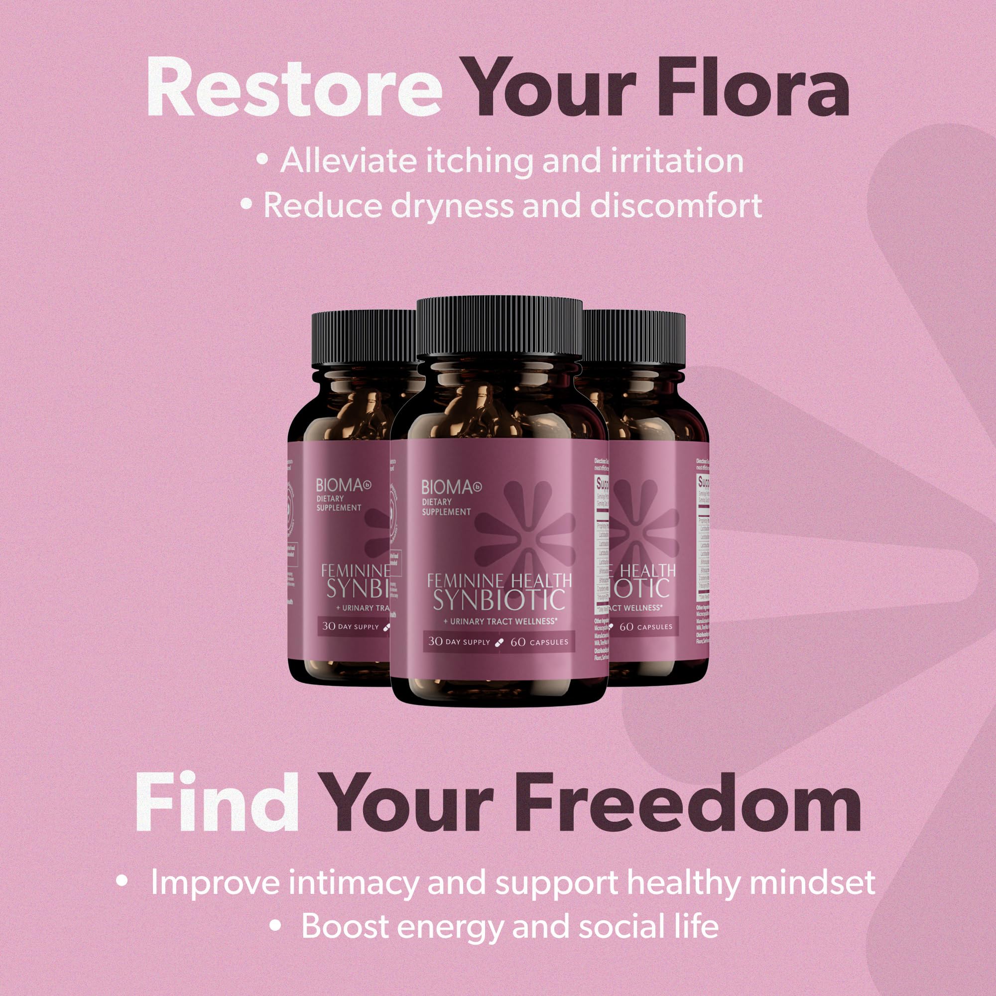 BIOMA Feminine Health Synbiotic – Probiotic Support for Vaginal pH, Urinary & Digestive Wellness (3-Pack, 180 Capsules)