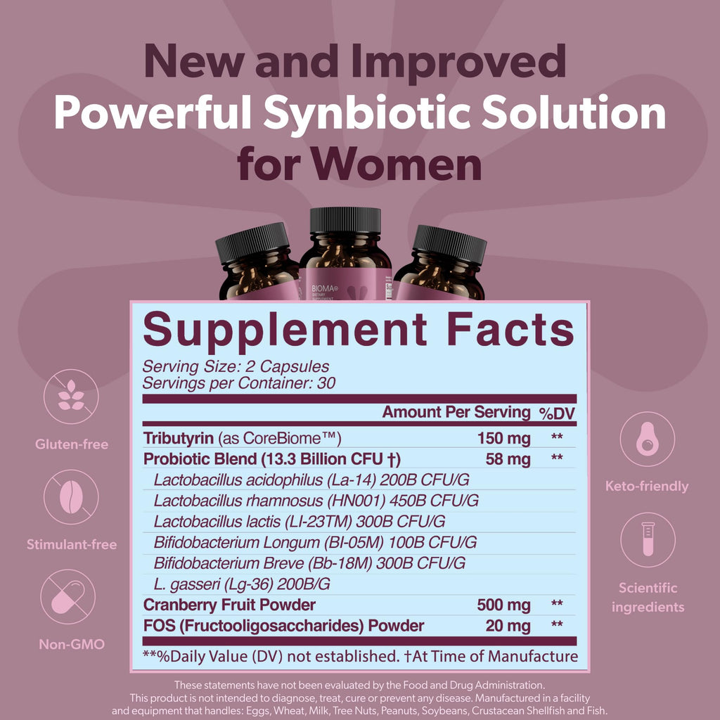 BIOMA Feminine Health Synbiotic – Probiotic Support for Vaginal pH, Urinary & Digestive Wellness (3-Pack, 180 Capsules)