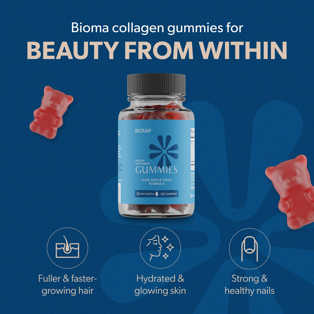 BIOMA Hair, Skin & Nails Gummies – Biotin, Collagen, Zinc, Vitamin C & D – Gluten-Free, 180 Gummies